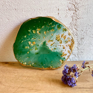 Green and gold pattern handmade epoxy resin coaster/tray.